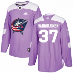 Mens Adidas Columbus Blue Jackets 37 Markus Hannikainen Authentic Purple Fights Cancer Practice NHL Jersey 