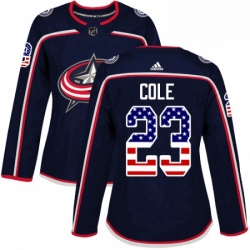 Womens Adidas Columbus Blue Jackets 23 Ian Cole Authentic Navy Blue USA Flag Fashion NHL Jersey 