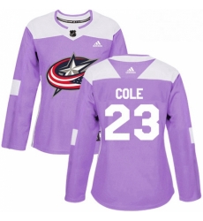 Womens Adidas Columbus Blue Jackets 23 Ian Cole Authentic Purple Fights Cancer Practice NHL Jersey 