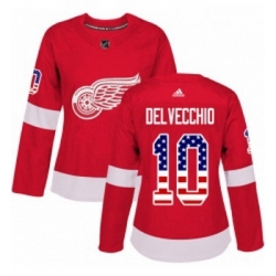 Womens Adidas Detroit Red Wings 10 Alex Delvecchio Authentic Red USA Flag Fashion NHL Jersey 