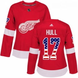 Womens Adidas Detroit Red Wings 17 Brett Hull Authentic Red USA Flag Fashion NHL Jersey 