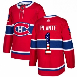 Mens Adidas Montreal Canadiens 1 Jacques Plante Authentic Red USA Flag Fashion NHL Jersey 