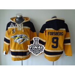 Predators #9 Filip Forsberg Yellow Sawyer Hooded Sweatshirt 2017 Stanley Cup Final Patch Stitched NHL Jersey