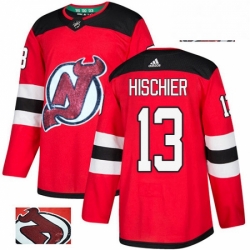 Mens Adidas New Jersey Devils 13 Nico Hischier Authentic Red Fashion Gold NHL Jersey 