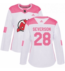 Womens Adidas New Jersey Devils 28 Damon Severson Authentic WhitePink Fashion NHL Jersey 