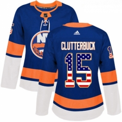 Womens Adidas New York Islanders 15 Cal Clutterbuck Authentic Royal Blue USA Flag Fashion NHL Jersey 