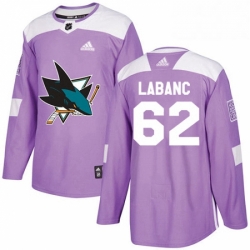 Mens Adidas San Jose Sharks 62 Kevin Labanc Authentic Purple Fights Cancer Practice NHL Jersey 