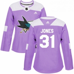 Womens Adidas San Jose Sharks 31 Martin Jones Authentic Purple Fights Cancer Practice NHL Jersey 