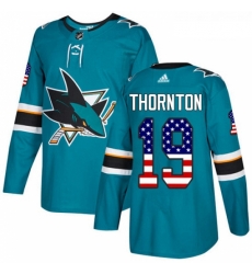 Youth Adidas San Jose Sharks 19 Joe Thornton Authentic Teal Green USA Flag Fashion NHL Jersey 