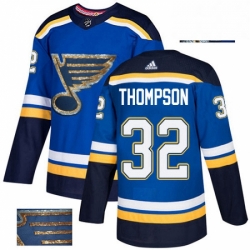 Mens Adidas St Louis Blues 32 Tage Thompson Authentic Royal Blue Fashion Gold NHL Jersey 