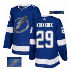 Mens Adidas Tampa Bay Lightning 29 Slater Koekkoek Authentic Royal Blue Fashion Gold NHL Jersey 