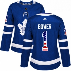 Womens Adidas Toronto Maple Leafs 1 Johnny Bower Authentic Royal Blue USA Flag Fashion NHL Jersey 