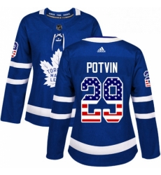 Womens Adidas Toronto Maple Leafs 29 Felix Potvin Authentic Royal Blue USA Flag Fashion NHL Jersey 