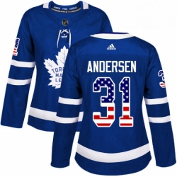 Womens Adidas Toronto Maple Leafs 31 Frederik Andersen Authentic Royal Blue USA Flag Fashion NHL Jersey 