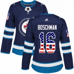 Womens Adidas Winnipeg Jets 16 Laurie Boschman Authentic Navy Blue USA Flag Fashion NHL Jersey 