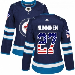 Womens Adidas Winnipeg Jets 27 Teppo Numminen Authentic Navy Blue USA Flag Fashion NHL Jersey 