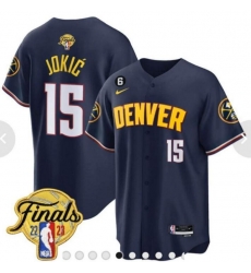 Men Denver Nuggets 15 Nikola Jokic Blue 2023 Finals Collection With NO 6 Patch Stitched Baseball Jersey