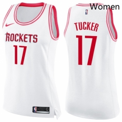 Womens Nike Houston Rockets 17 PJ Tucker Swingman White Pink Fashion NBA Jersey 