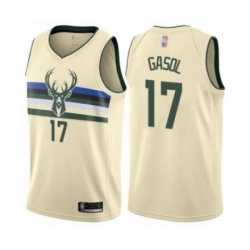 Mens Milwaukee Bucks 17 Pau Gasol Authentic Cream Basketball Jersey City Edition 