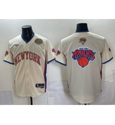 Men New York Knicks Team Big Logo Cream 2026 Finals   Eastern Conference Champions Patch Stitched Baseball Jersey