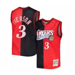 Men Philadelphia 76ers 3 Allen Iverson Split Red Black 2000 01 Mitchell  26 Ness Stitched Basketball Jersey