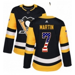 Womens Adidas Pittsburgh Penguins 7 Paul Martin Authentic Black USA Flag Fashion NHL Jersey 