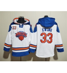 Men New Yok Knicks 33 Patrick Ewing White Lace Up Pullover Hoodie