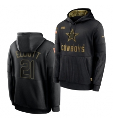 Men Dallas Cowboys 21 Ezekiel Elliott 2020 Salute To Service Black Sideline Performance Pullover Hoodie