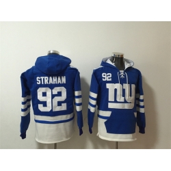 Men New York Giants 92 Michael Strahan Blue White Lace Up Pullover Hoodie
