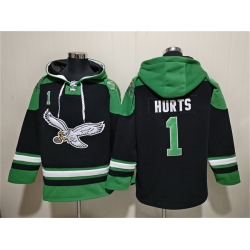 Men Philadelphia Eagles 1 Jalen Hurts Black Ageless Must Have Lace Up Pullover Hoodie