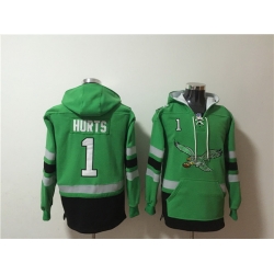 Men Philadelphia Eagles 1 Jalen Hurts Green Ageless Must Have Lace Up Pullover Hoodie