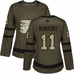 Womens Adidas Philadelphia Flyers 11 Travis Konecny Authentic Green Salute to Service NHL Jersey 