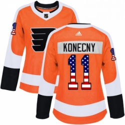 Womens Adidas Philadelphia Flyers 11 Travis Konecny Authentic Orange USA Flag Fashion NHL Jersey 