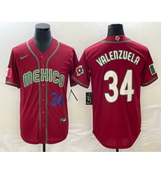 Mens Mexico Baseball #34 Fernando Valenzuela Number 2023 Red Blue World Baseball Classic Stitched Jersey