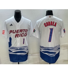 Men's Puerto Rico Baseball #1 Carlos Correa Number White 2023 World Baseball Classic Stitched Jersey