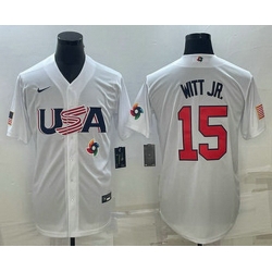 Men's USA Baseball #15 Bobby Witt Jr Number 2023 White World Baseball Classic Replica Stitched Jersey1