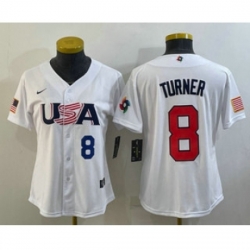 Womens USA Baseball 8 Trea Turner Number 2023 White World Classic Stitched Jersey
