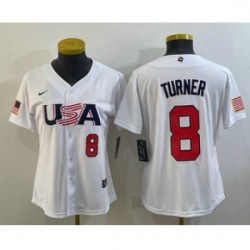 Womens USA Baseball 8 Trea Turner Number 2023 White World Classic Stitched Jerseys