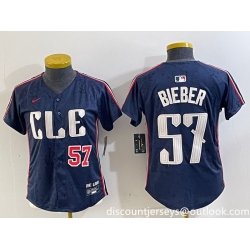 Women Cleveland Guardians 57 Shane Bieber Navy 2024 City Connect Limited Stitched Baseball Jersey 1