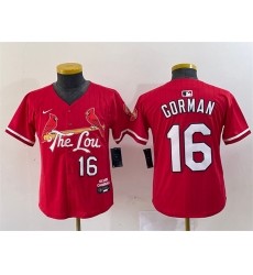 Youth St  Louis Cardinals 16 Nolan Gorman Red 2024 City Connect Limited Stitched Baseball Jersey