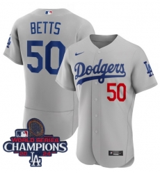 Men Nike Los Angeles Dodgers Mookie Betts #50 Gray Flex Base 2024 World Series Champions Stitched MLB Jersey II