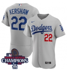 Youth Nike Los Angeles Dodgers Clayton Kershaw #22 Gray Flex Base 2024 World Series Champions Stitched MLB Jersey