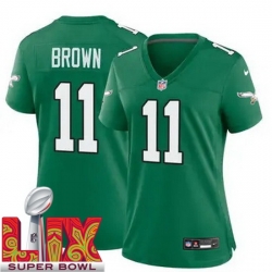 Women Philadelphia Eagles A.J. Brown #11 Kelly Green 2024 2025 Super Bowl LIX F U S E Stitched NFL Jersey