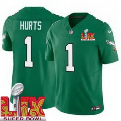 Youth Philadelphia Eagles Jalen Hurts #1 Kelly Green 2024 2025 Super Bowl LIX F U S E Stitched NFL Jersey