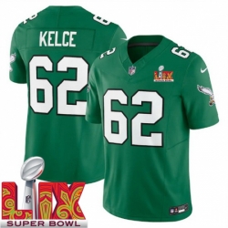 Youth Philadelphia Eagles Jason Kelce #62 Kelly Green 2024 2025 Super Bowl LIX F U S E Stitched NFL Jersey