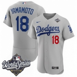Men Los Angeles Dodgers 18 Yoshinobu Yamamoto 2025 World Series Cool Base Stitched Baseball Jersey Gray