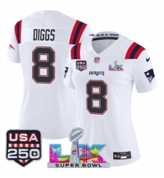 Women New England Patriots 8 Stefon Diggs White 2025 F U S E  Super Bowl LX Patch And USA 250 27 Patch Vapor Limited Football Stitched Jersey 