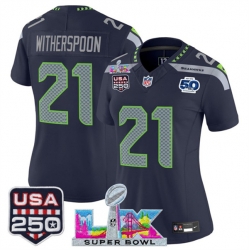 Women Seattle Seahawks 21 Devon Witherspoon Navy 2025 F U S E  Super Bowl LX Patch And 50th Season  26 USA 250 27 Patch Vapor Limited Football Stitched Jer