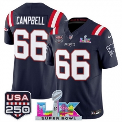 Youth New England Patriots 66 Will Campbell Navy 2025 F U S E  Super Bowl LX Patch And USA 250 27 Patch Vapor Limited Stitched Football Jersey