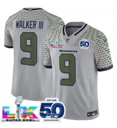 Men Seattle Seahawks 9 Kenneth Walker III Grey 2025 F U S E Super Bowl LX Patch And 50th Season Patch Rivalries Vapor Limited Stitched Football Jersey Men Seattle Seahawks 9 Kenneth Walker III Grey 2025 F U S E Super Bowl LX Patch And 50th Season Patch Rivalries Vapor Limited Stitched Football Jersey